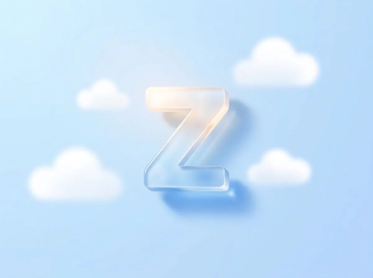 A large glass letter Z floating among clouds