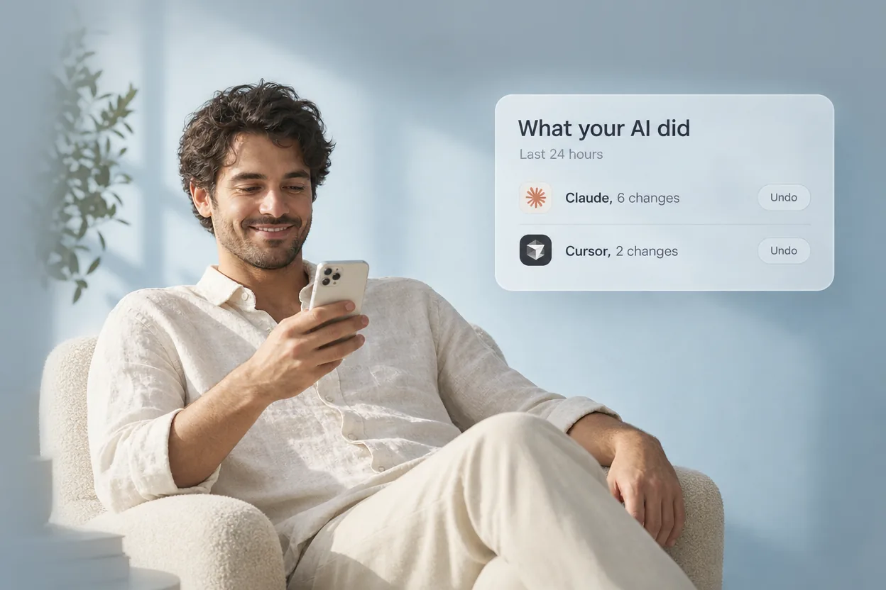 A person relaxing with their phone beside the “What your AI did” card in Zyflow CRM: in the last 24 hours Claude made 6 changes and Cursor 2, each with an Undo