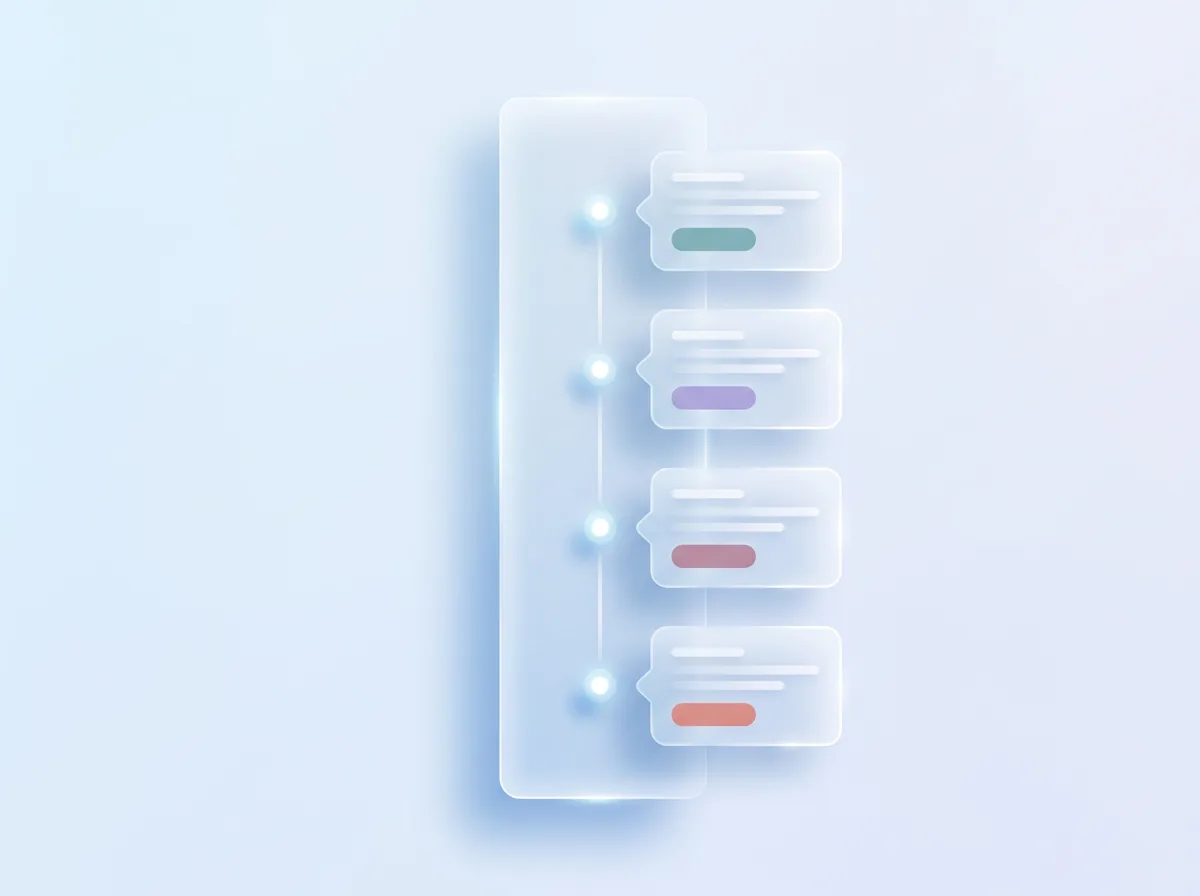 A glass timeline with four glowing dots, each beside a small card