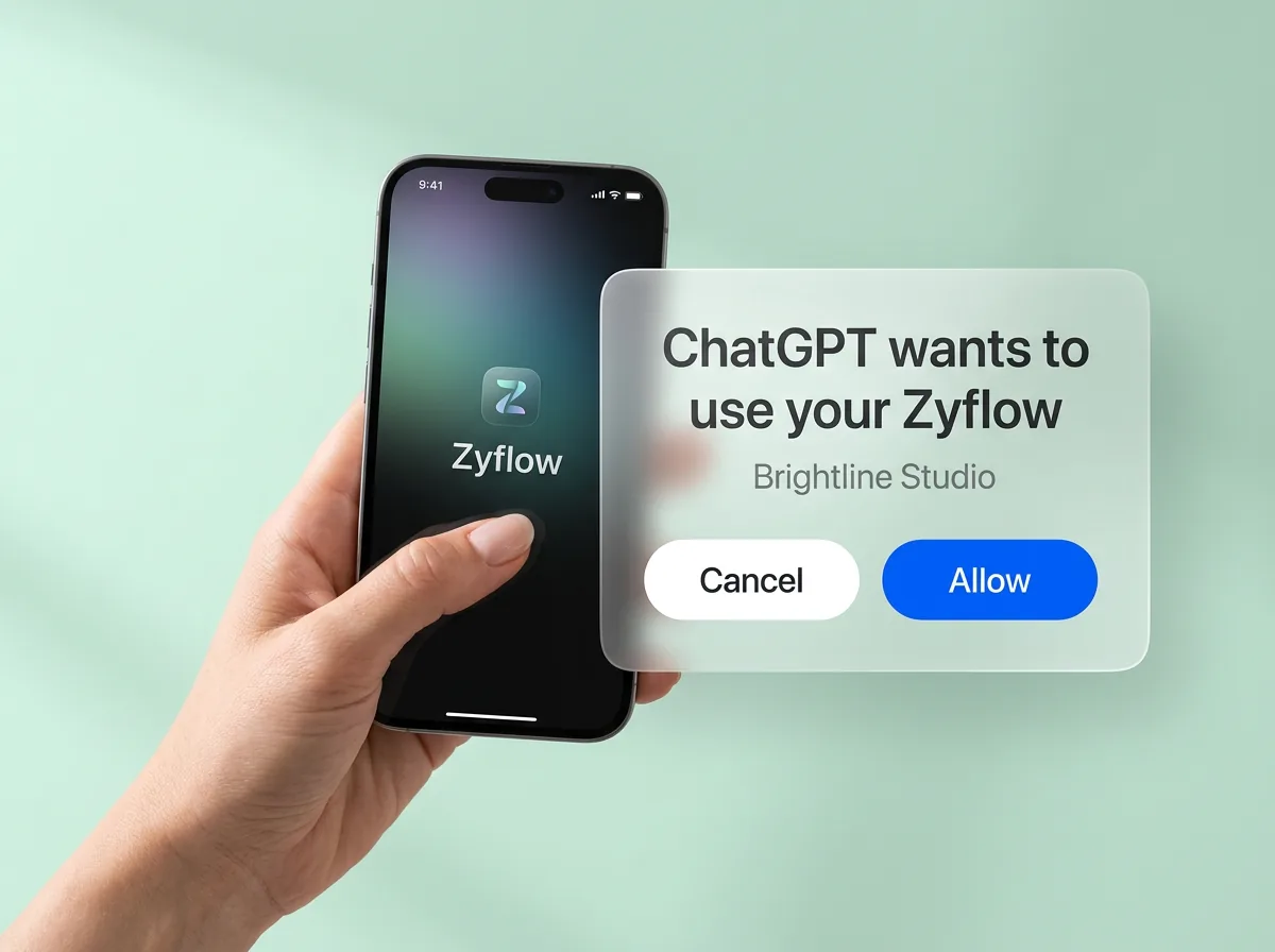 A phone beside a glass card that reads ChatGPT wants to use your Zyflow, with Cancel and Allow