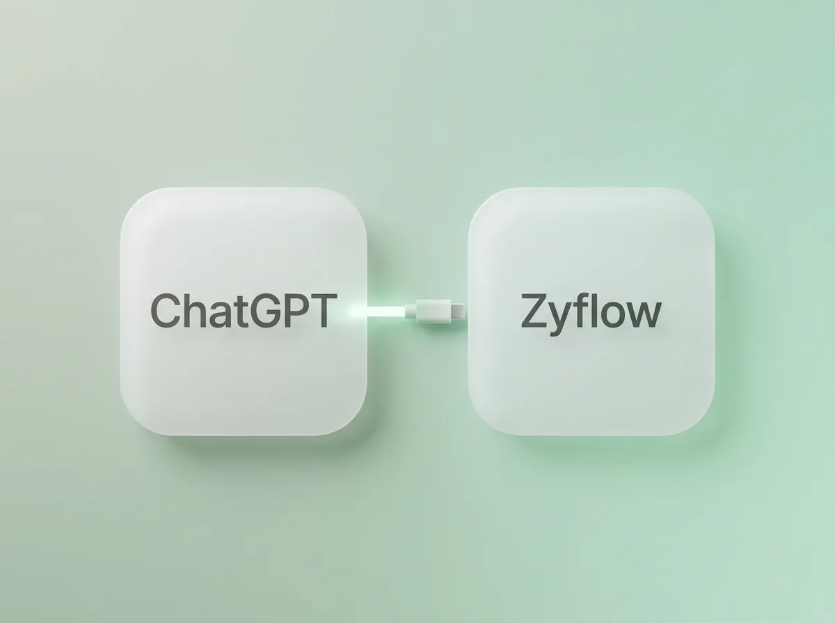 Two glass tiles, ChatGPT and Zyflow, joined by a glowing cable