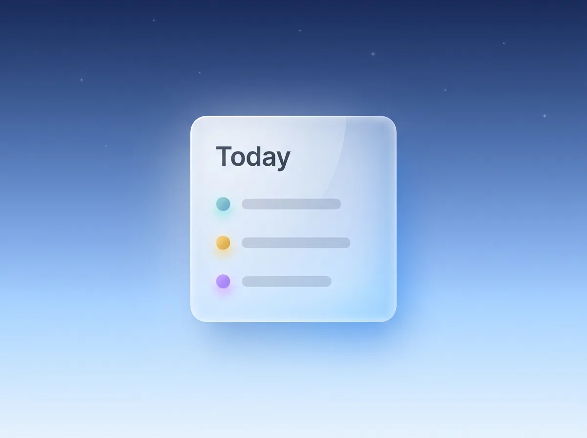 A glass Today card glowing at first light under a night sky