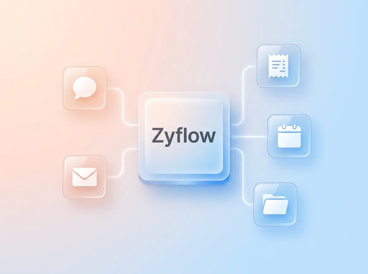 A glass Zyflow tile linked to small tiles for chat, receipts, calendar, email and files