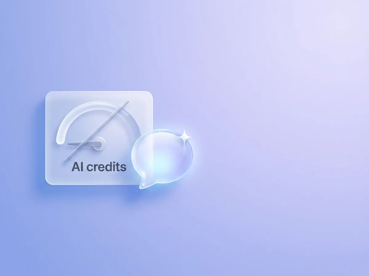A glass meter labelled AI credits resting at zero, beside a glowing chat bubble
