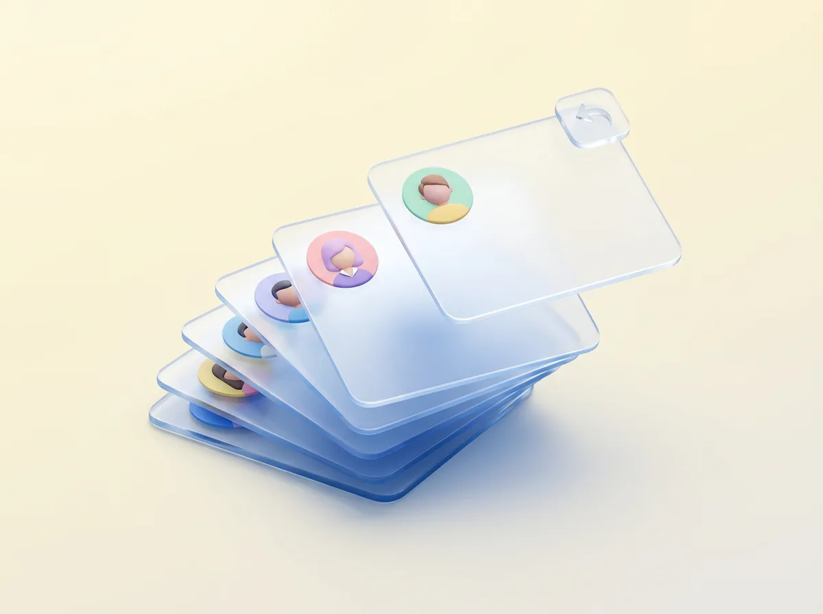 A fanned stack of glass contact cards, one lifted out with an undo badge