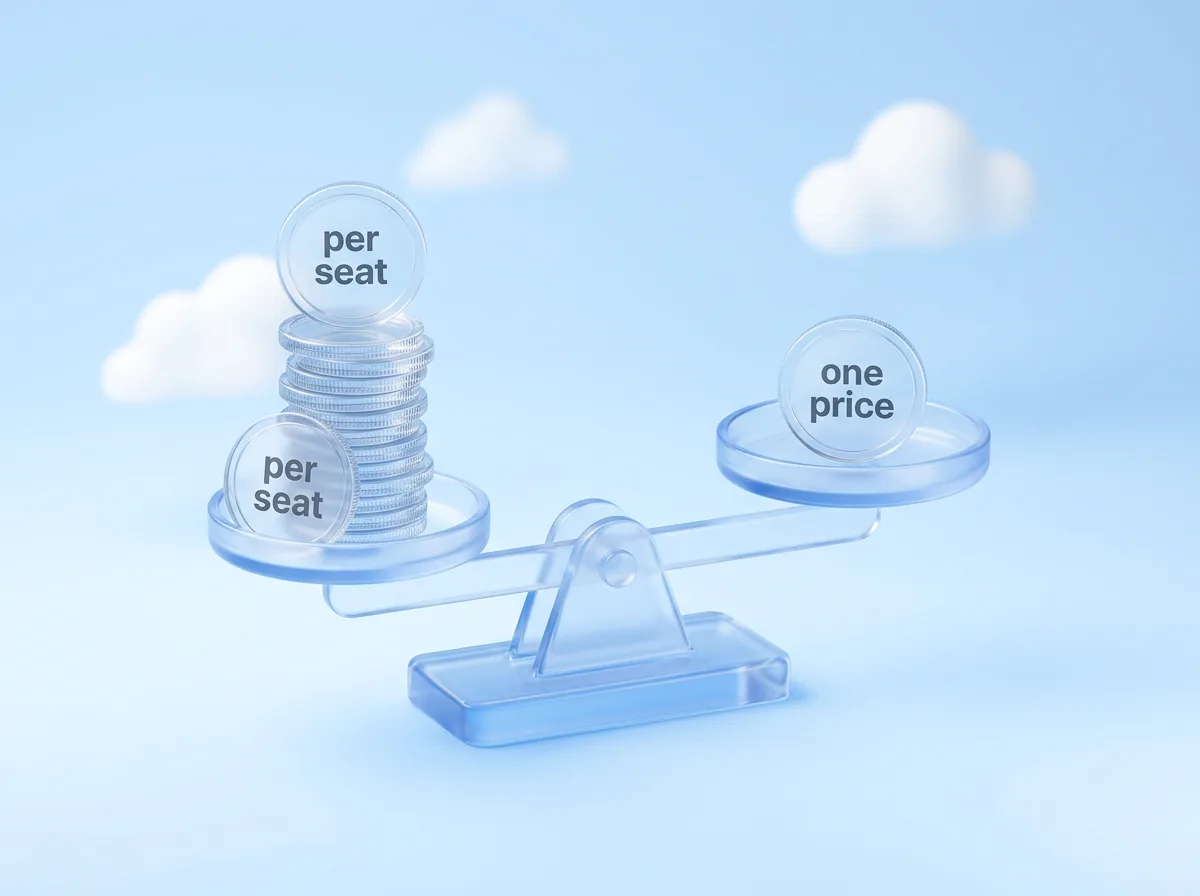 A glass balance scale: a tall stack of coins marked per seat against one coin marked one price