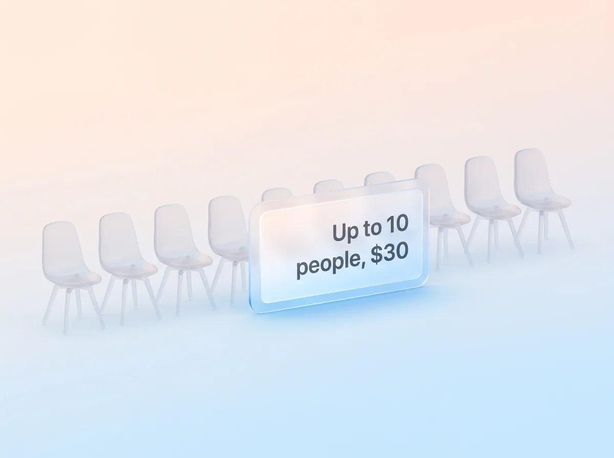 A row of ten glass chairs behind one price card: Up to 10 people, $30