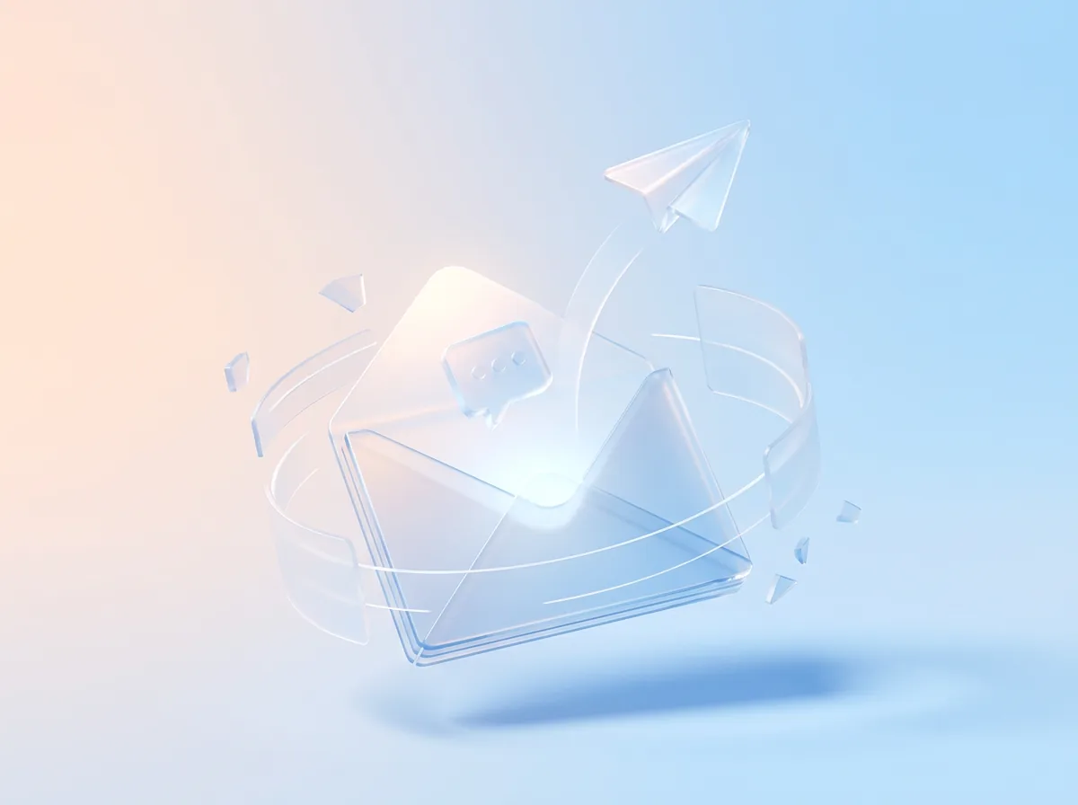 A glass envelope opening, with a chat bubble and a paper plane rising out of it