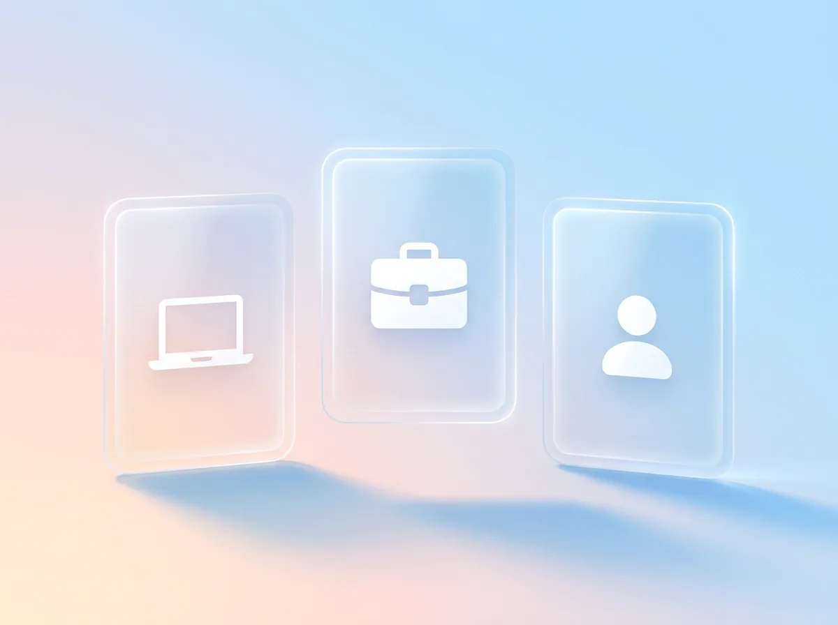 Three glass cards with a laptop, a briefcase and a person