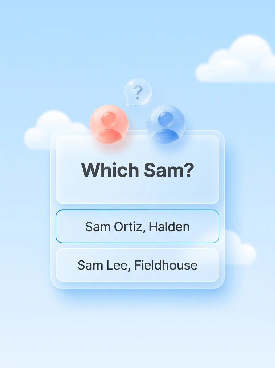 A glass card that asks Which Sam?, with two choices: Sam Ortiz, Halden and Sam Lee, Fieldhouse