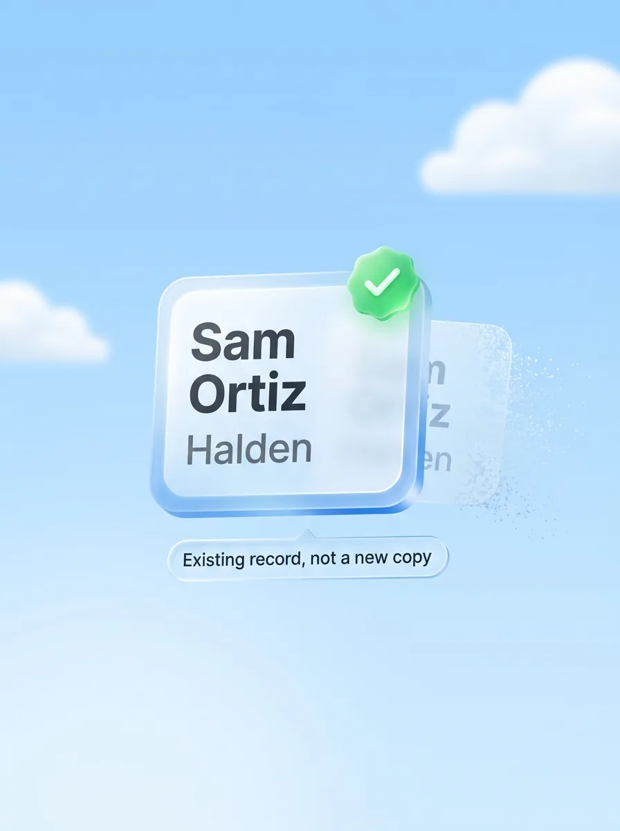 A glass contact card for Sam Ortiz at Halden with a green check, Existing record, not a new copy, while a duplicate fades away