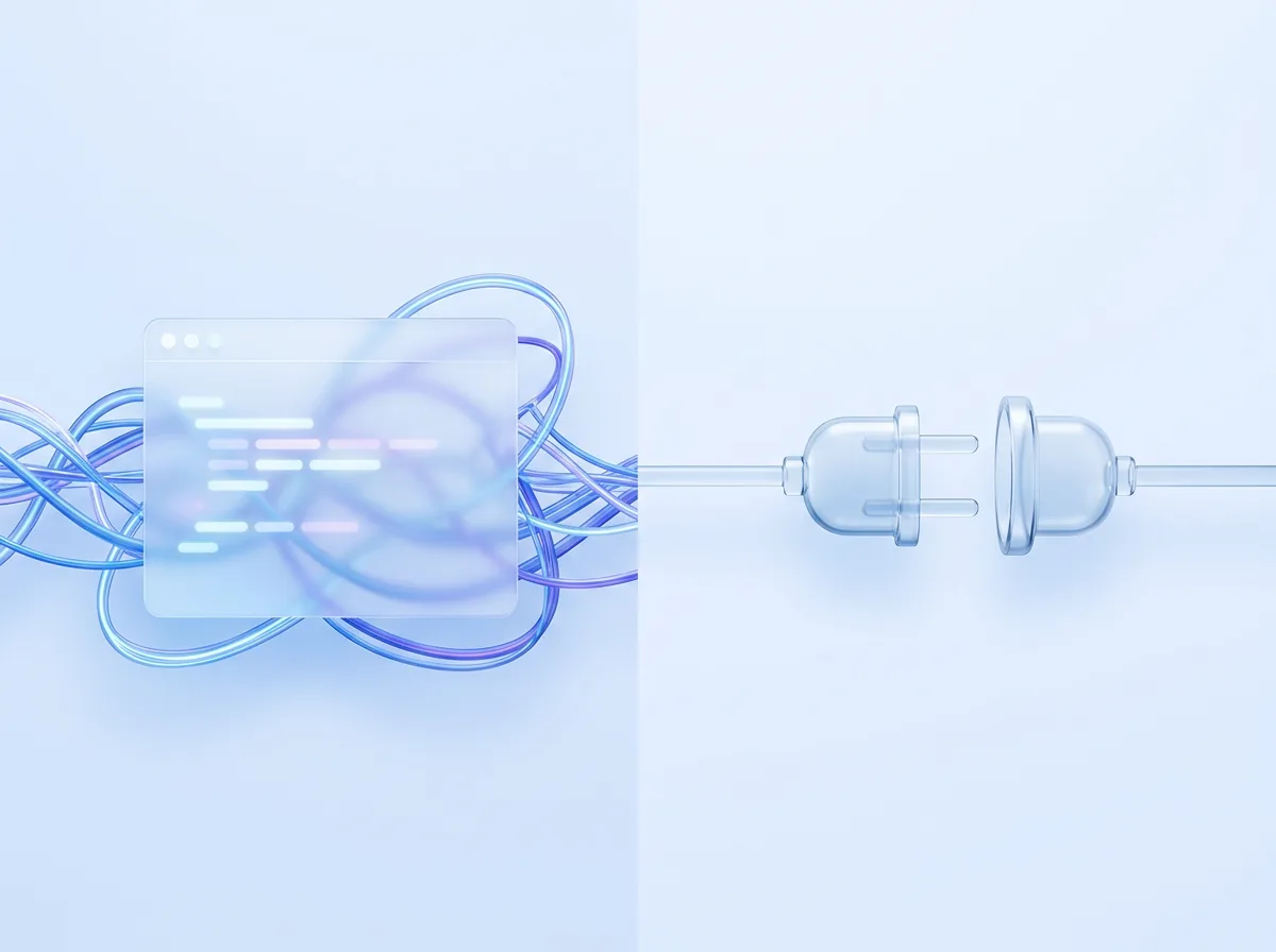 A tangle of glowing wires around a code window on one side, and one clean plug on the other