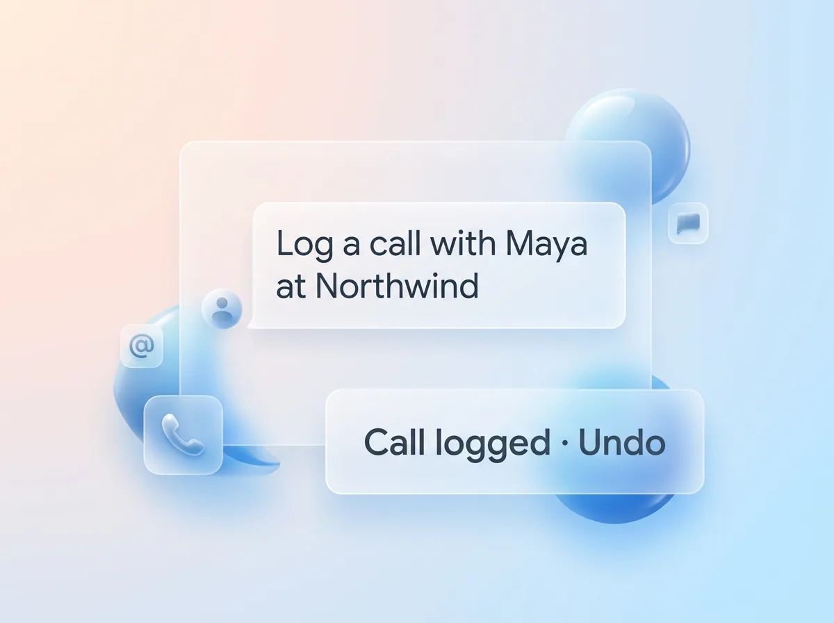 A chat that reads Log a call with Maya at Northwind, answered by a card: Call logged, Undo