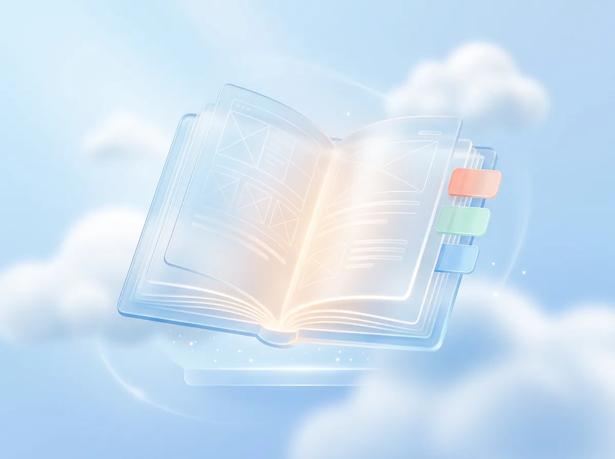 An open glass book floating among clouds, with three pastel bookmarks