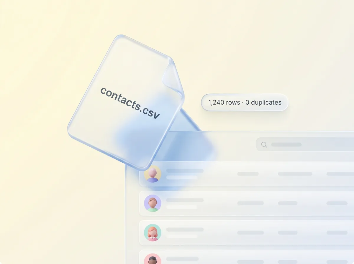 A glass file, contacts.csv, tipping into a list of contacts: 1,240 rows, 0 duplicates