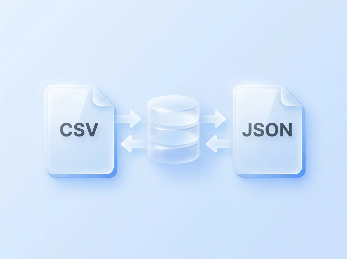 Glass CSV and JSON tiles with arrows flowing in and out of a glass database