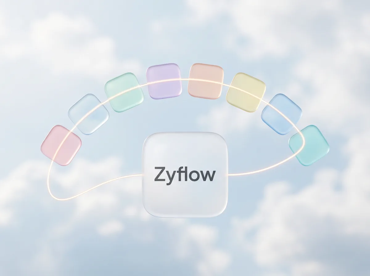 Small glass tiles for many AI apps strung on one glowing thread into a single Zyflow tile, in a daytime sky