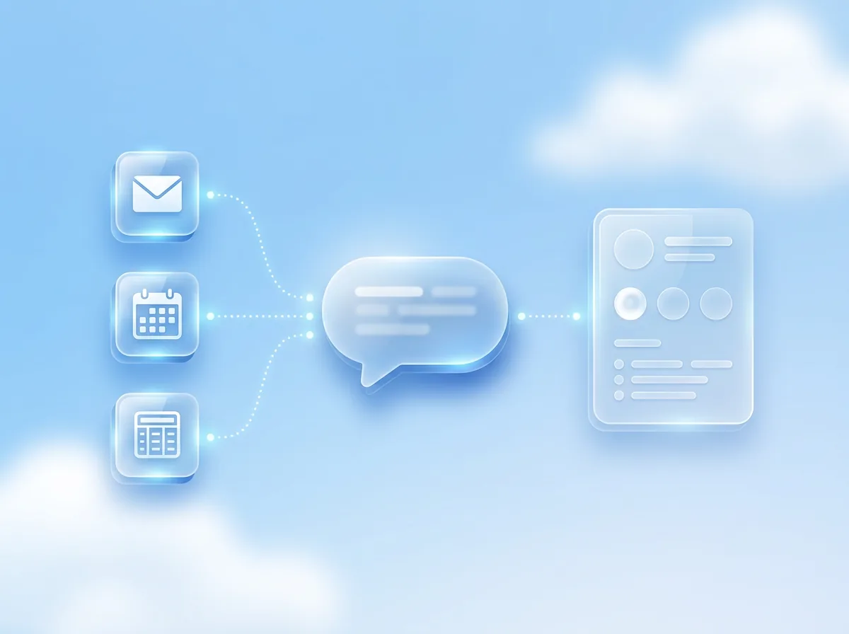 Email, calendar and ledger icons linked through a chat bubble to a contact card