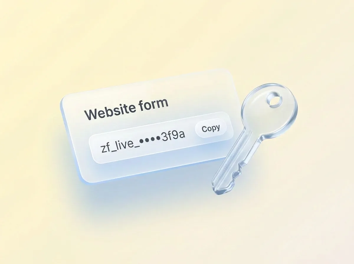 A glass API key card, Website form, with a masked key and a Copy button, beside a glass key