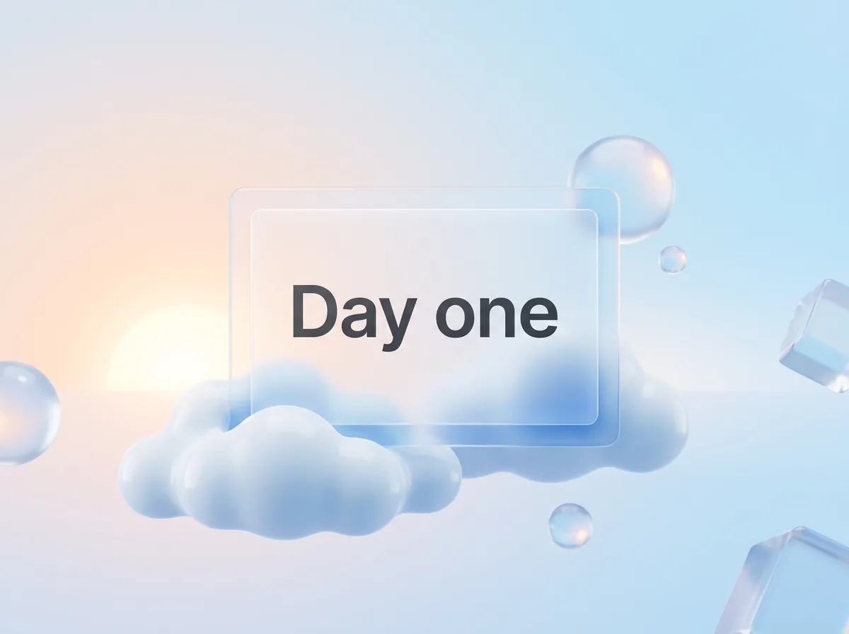 A glass card that reads Day one, floating above clouds at sunrise