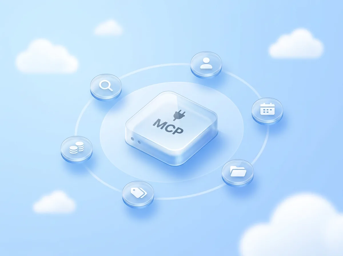 A glass server tile marked MCP with tool icons orbiting it: search, people, calendar, receipts, files, tags, undo and money