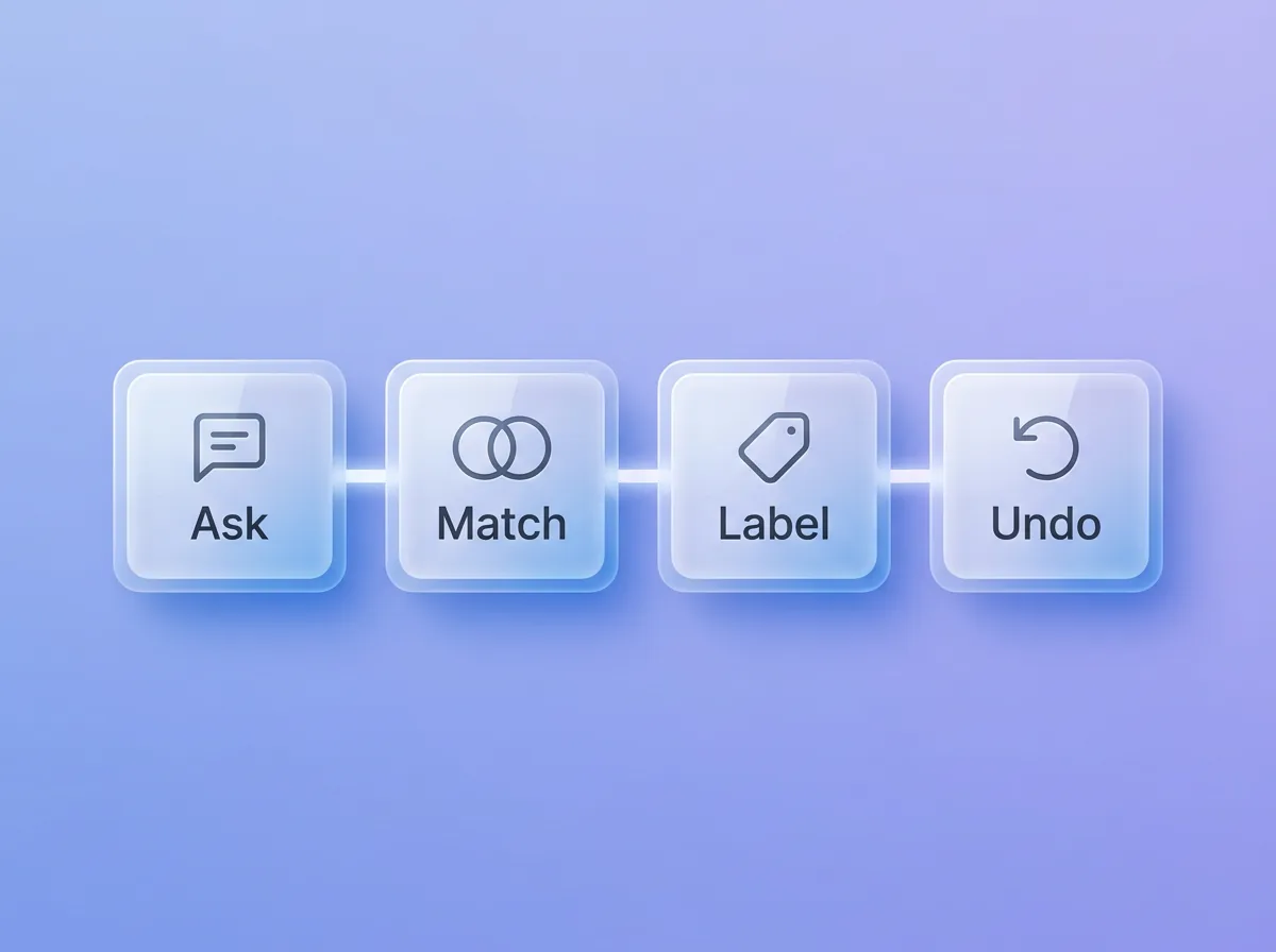 Four glass tiles joined in a row: Ask, Match, Label and Undo