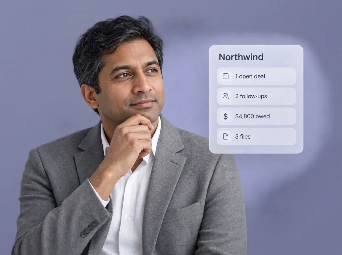 A consultant beside Zyflow’s answer about Northwind: 1 open deal, 2 follow-ups, $4,800 owed, 3 files