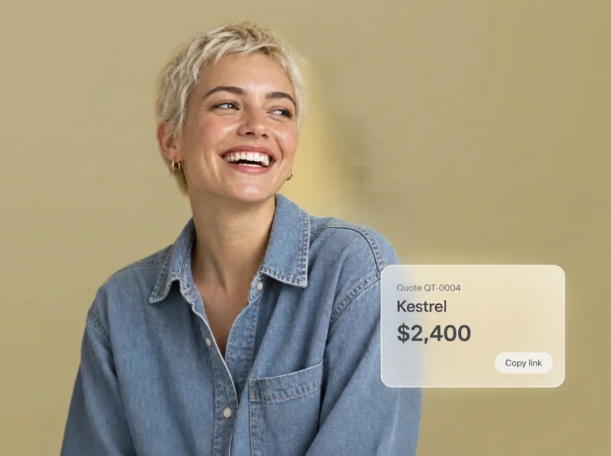 A laughing freelance designer beside quote QT-0004 for Kestrel, $2,400, with a link to copy
