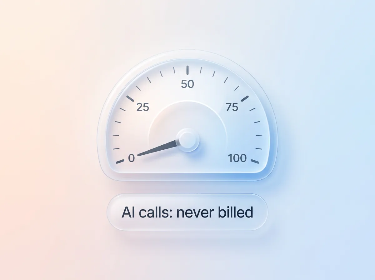 A frosted glass gauge resting at zero over a pill that reads AI calls: never billed