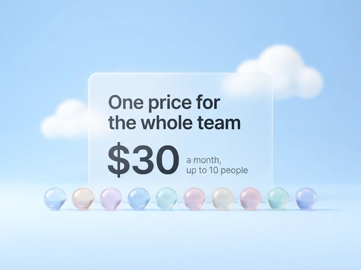 A frosted glass price card that reads One price for the whole team, $30 a month, up to 10 people, above a row of ten small glass avatars