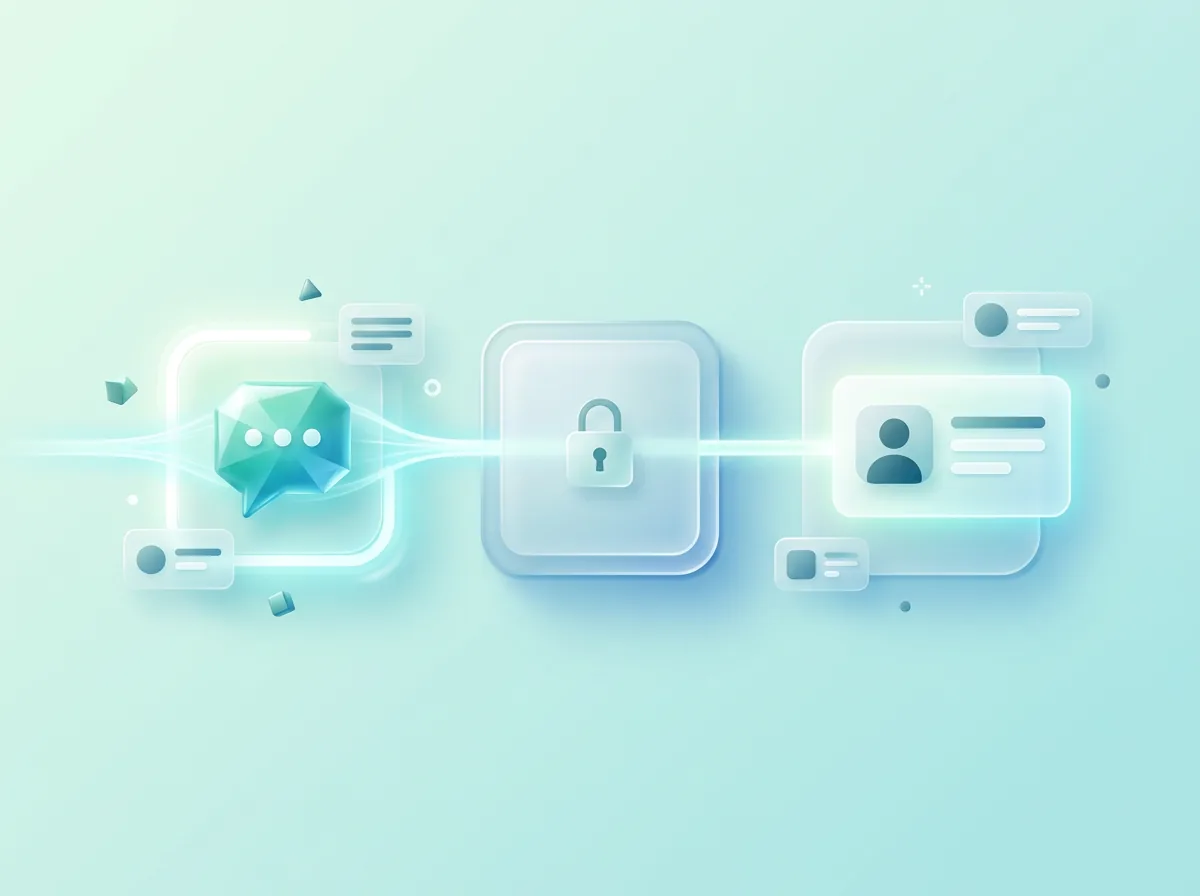 A glowing line passing from a chat bubble through a padlock to a contact card