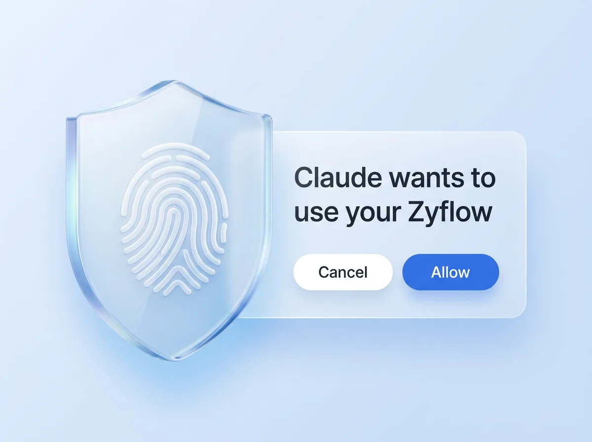 A glass shield with a fingerprint beside a card that reads Claude wants to use your Zyflow, with Cancel and Allow